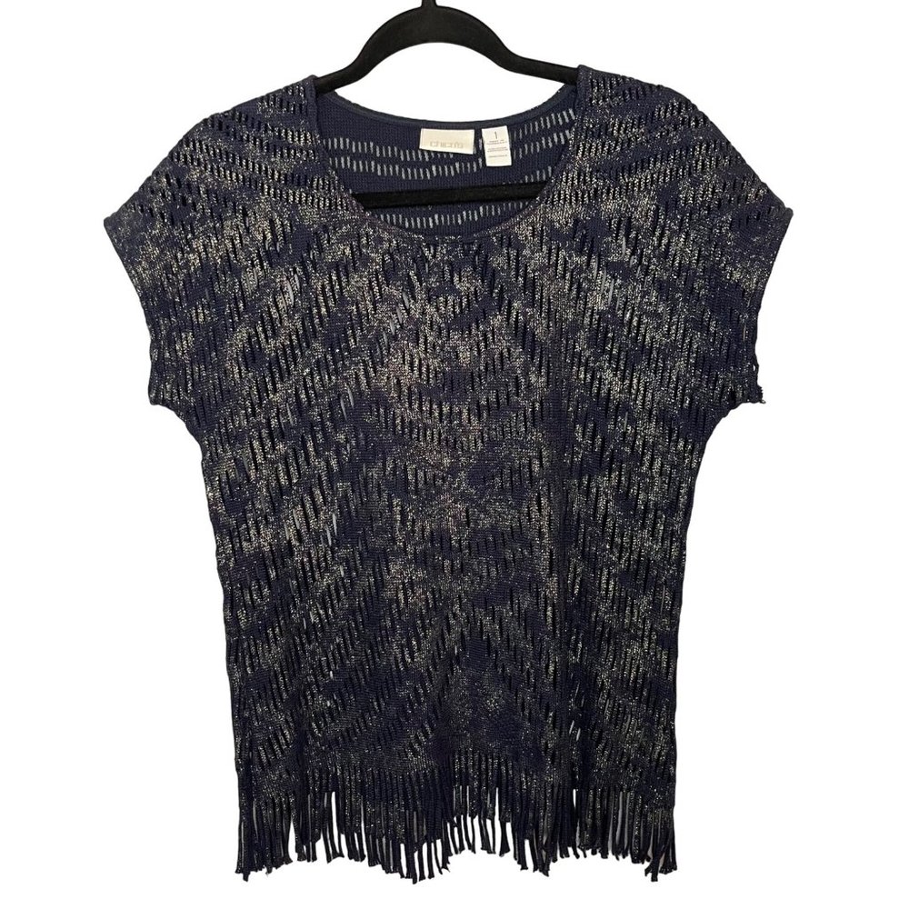 Chico’s Navy and Gold Metallic Fringe Short Sleeve Top Size 1 Medium